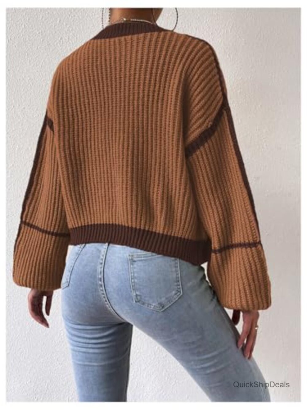 Color Block Crop Cardigan Bishop Long Sleeve Open Front Sweater - Picture 2 of 7